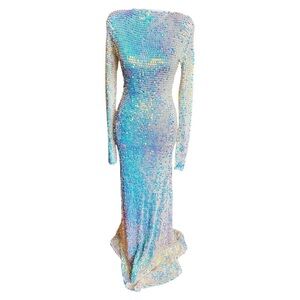 NEW Retrofete Blue Silver Long Sleeve Bateau Gown